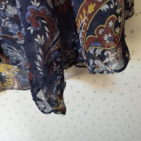 Style & Co Peasant Top XL Sheer Swiss Dot Paisley Blue Career Bell Sleeves Flowy - Picture 10 of 16